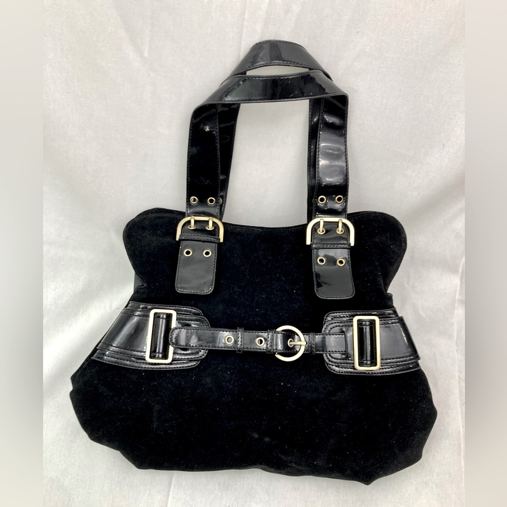 Melie Bianco black velour/velvet shoulder bag with gold buckles and detailing